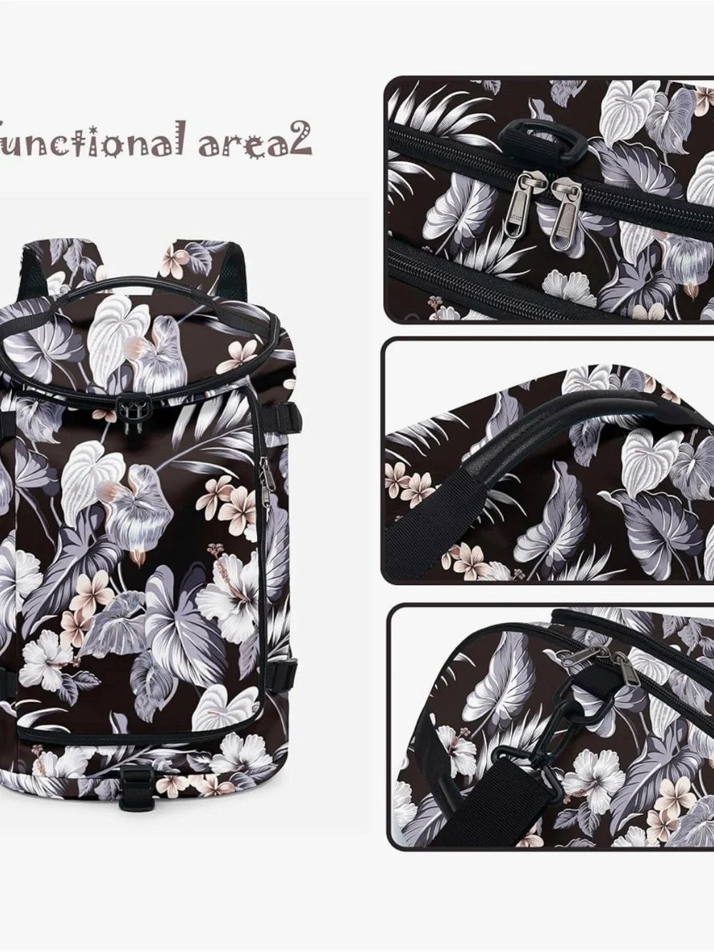 Black Floral Multi Purpose Travel Backpack Convertible